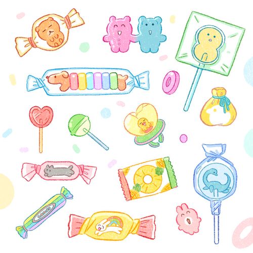 an assortment of candy and candies are shown in this drawing style illustration, with pastel colors