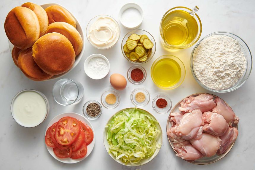 Ingredients to make super crispy fried chicken sandwiches