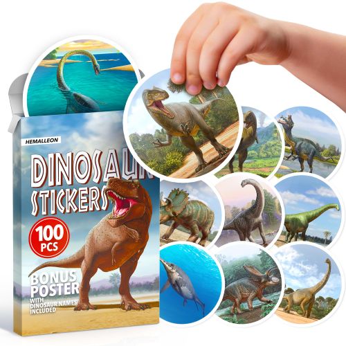 Realistic Dinosaur Stickers for Kids - 100 pcs Pack with Dino Names Poster - Large Waterproof Vinyl Stickers for Water Bot...