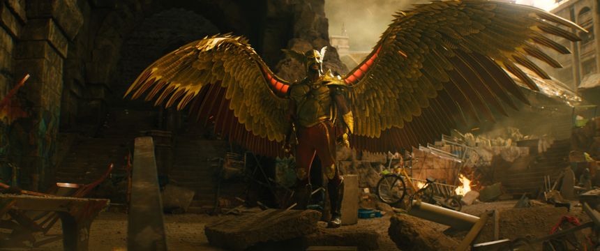 Hawkman spreads his huge metal wings in Black Adam.