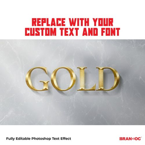 May include: A gold text effect with the word "GOLD" in a 3D style with a subtle shine and shadow on a white marble background. The text is fully editable in Photoshop.