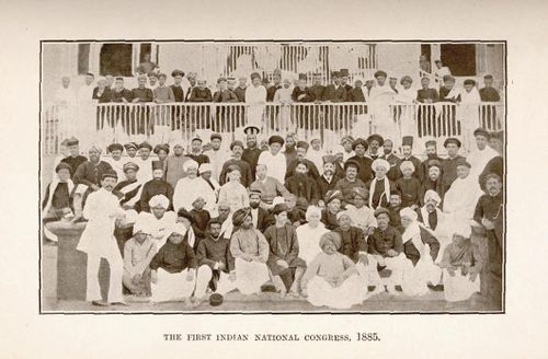 Congress, Bombay, 28 December 1885. Third row (middle) (l. to r.) Dadabhai Naoroji, Hume, W. C. Bonerjee, and Pherozeshah Mehta.