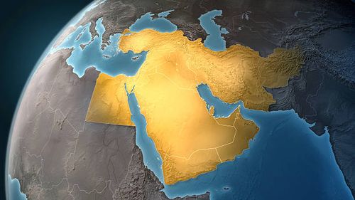 Map of Middle East: highlighted countries, looking west Map of Middle East on a Earth globe, looking west to Europe. Turkey, Syria, Lebanon, Israel, Jordan, Egypt, Saudi Arabia, Yemen, Oman, Qatar, United Arab Emirates, Kuwait, Iraq, Iran and Afghanistan are the main focus. Countries are highlighted in yellow, while seas are deep blue and land are brown gray. Europe and North Africa are also included in the frame, together with Mediterranean Sea and Persian Gulf. Physical and geographical featur