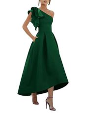 UZN Emerald Green Mother of The Bride Dress Long Satin Ruffle One Shoulder Prom Dresses Backless A-line Formal Party Gowns with Pockets US8