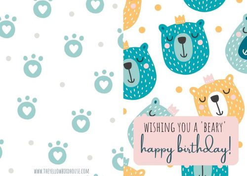Punny bear birthday card. Free printable birthday card for kids. Woodland birthday card. Free birthday card download and print at home