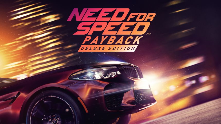 Key art for Need for Speed Payback Deluxe Edition featuring a detail of a high-speed racing car with dynamic graphics.