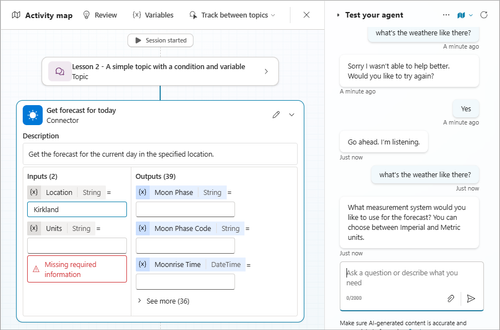 示例 3 的屏幕截图，显示活动地图上的对话历史记录和天气工具。