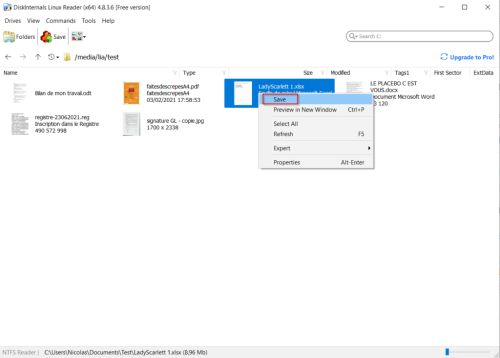 Linux Reader - Faire un clic droit sur le fichier sélectionné pour le sauvegarder Save
