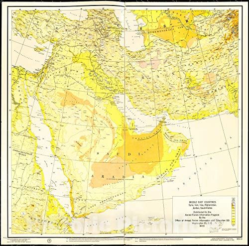 Historic 1955 Wall Map - Middle East Countries : Syria, Iran, Iraq, Afghanistan, Jordan, Saudi-Arabia 36in x 36in