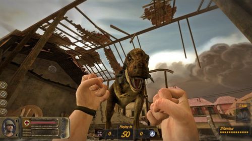 An Allied WW2 soldier puts his fists up to a T-Rex in Dino D-Day, one of the best dinosaur games.