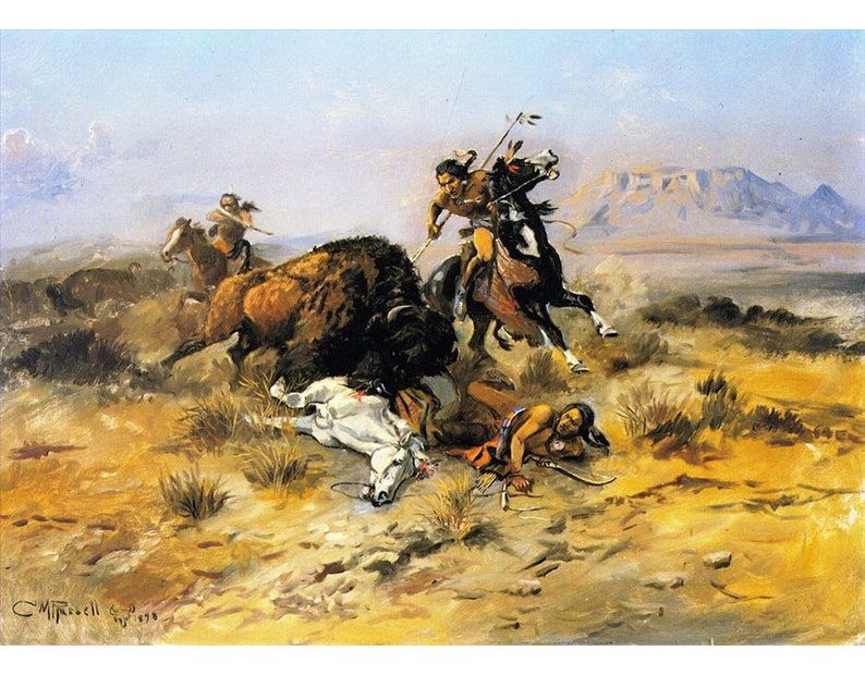 8 幅美洲印第安人画布狂野西部艺术手工野牛狩猎 2