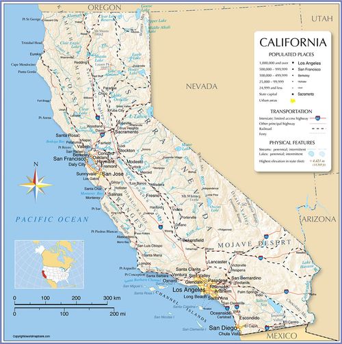 Labeled Map of California with Cities