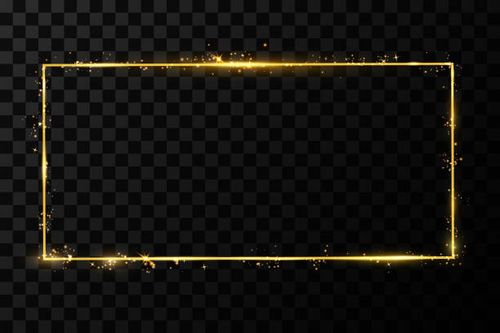 Vector golden frame with lights effects. Shining rectangle banner. Isolated on black transparent background. Vector illustration, eps 10. Vector golden frame with lights effects. Shining rectangle banner. Isolated on black transparent background. Vector illustration, eps 10 gold frame stock illustrations