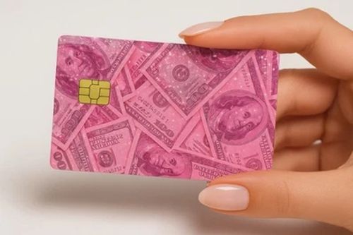 Credit Card Skin of Money In Pink Female Hustler Dollar Vinyl Sticker Waterproof - Image 1 of 2
