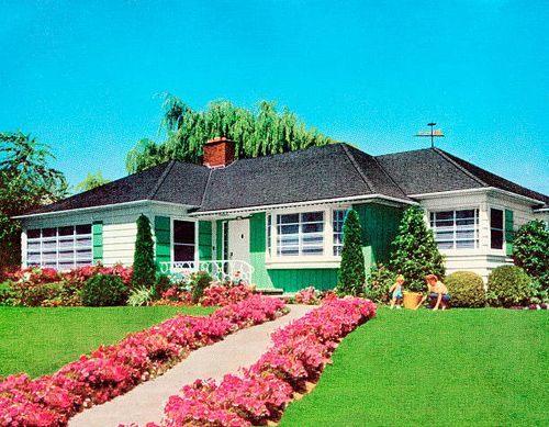 house in the suburbs - retro building exterior stock illustrations