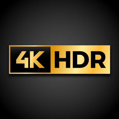 the 4k hdr logo is shown in gold and black on a dark background
