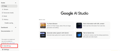 Google AI Studio where Get API Key option is shown