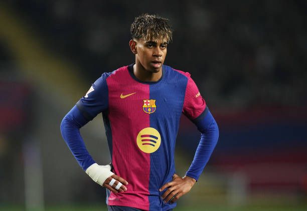 Lamine Yamal of FC Barcelona looks on during the LaLiga match between FC Barcelona and Rayo Vallecano at Estadi Olimpic Lluis Companys on February...