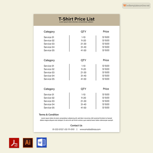 Free T-Shirt Price List Template 01 for Word