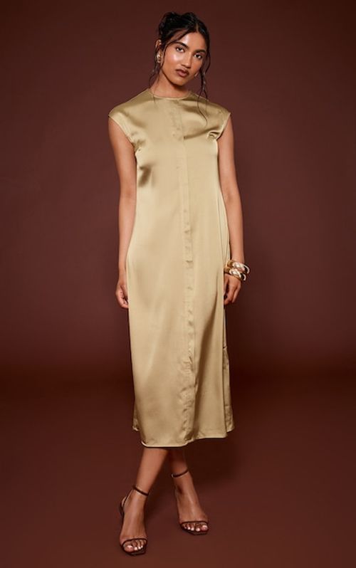 Olive Satin Cap Sleeve Shift Dress