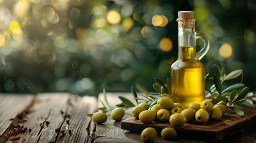 wooden table with green olives and olive oil represents mediterranean diet, ideal for background with copy space