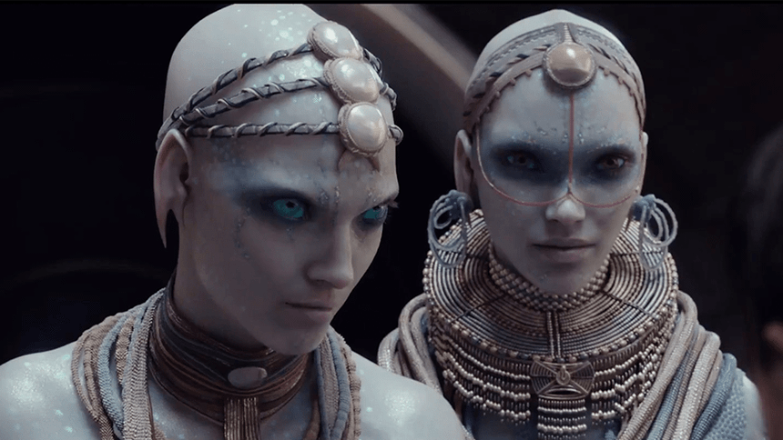 Cena do planeta Mül com a civilização dos Pearls em Valerian e a Cidade dos Mil Planetas