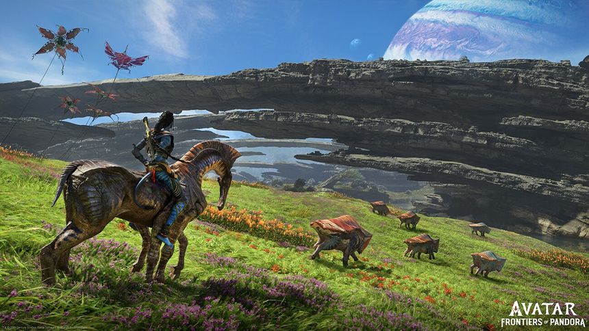 A Na'vi on a direhorse overlooking a plain from the game 'Avatar: Frontiers of Pandora.'