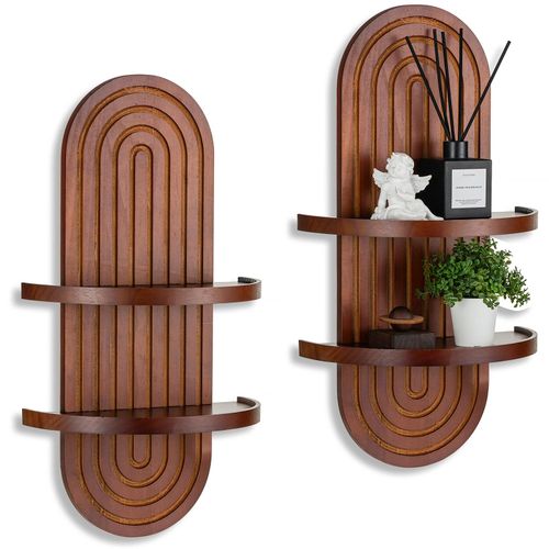 Walasis Mid Century Wall Shelves: Large 2-Tier Walnut Boho Floating Shelves Arched Modern Wall Decor for Bathroom Bedroom ...