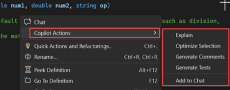 上下文功能表中 Copilot 操作的螢幕截圖。