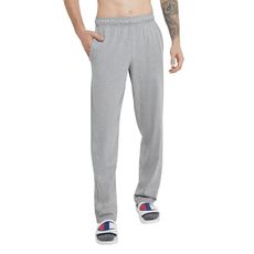 Champion Men's Everyday Open Hem Cotton Pants, 32.5" Inseam, Cotton Knit Pants Left Hip "C" Logo, Open Hem Jersey Pants