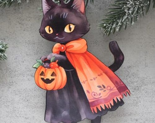 Vintage Black Cat Halloween Ornament, Trick or Treat Cat with Pumpkin Pail, Spooky Cute Fall Tree Decoration, Cat themed Gifts