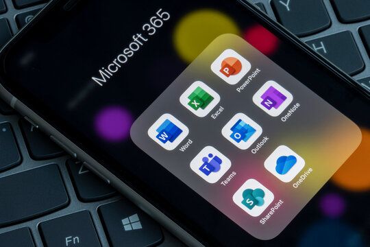 Portland, OR, USA - Aug 10, 2021: Premium Microsoft 365 apps are seen on an iPhone, including Word, Excel, PowerPoint, Teams, Outlook, OneNote, SharePoint, and OneDrive.