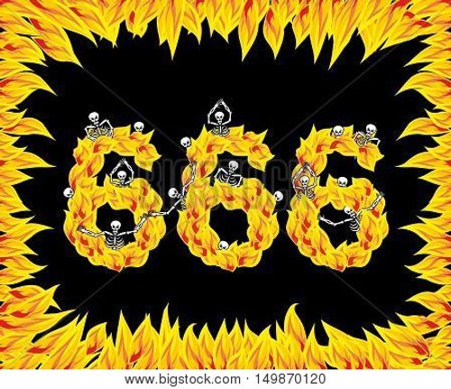 666 Number Of Devil. Fire Numeric. Skeletons In Inferno. Sinners In Hell. Satanic Symbol. Hellish Th