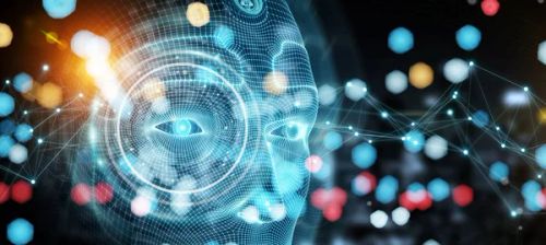 代表人工智能概念3D 渲染的机器人人机器人脸 — 图库照片