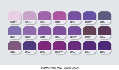Purple Color Guide Palette with Color Names. Catalog Samples Purple with RGB HEX codes and Names. Metal Colors Palette Vector, Wood and Plastic Purple Color Palette, Fashion Trend Blue Color Palette Stock Vector