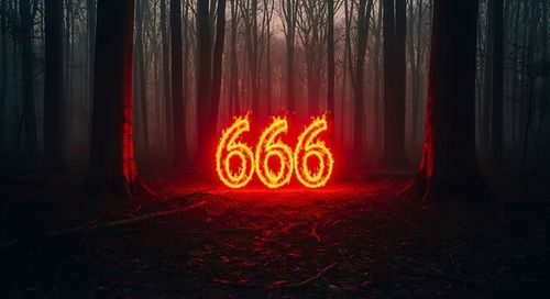 Glowing 666 Neon Sign in a Dark Spooky Forest.