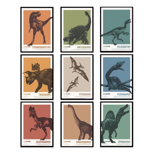 Dinosaur Poster T-Rex Print For Kids Decor Vintage Dinosaur Canvas Wall Art For Modern Family Decor (8×12 inch,Set of 9, U...