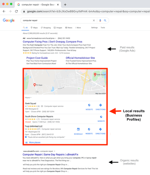 what is google my business business profiles in search results web