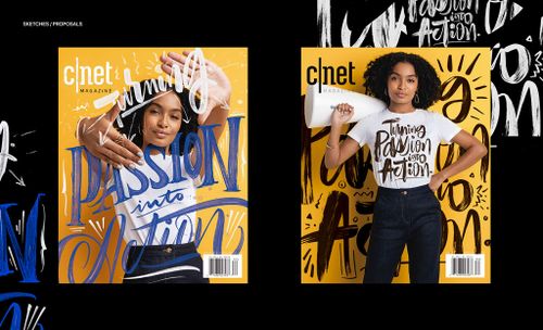 Magazine cover design 2019 for CNET Magazine featuring a model surrounded by inspirational phrases