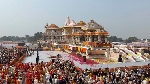 The opening of a temple dedicated to Hindu deity Lord Ram in Ayodhya, India, on January 22, 2024.
