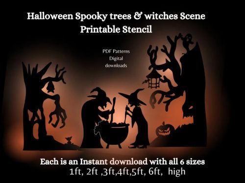 A picture of the template you can get to help you make this spooky trees and witches scene for your yard.