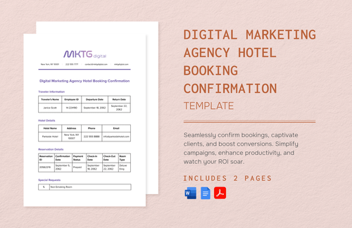 Digital Marketing Agency Hotel Booking Confirmation Template in Word, PDF, Google Docs - Download | Template.net