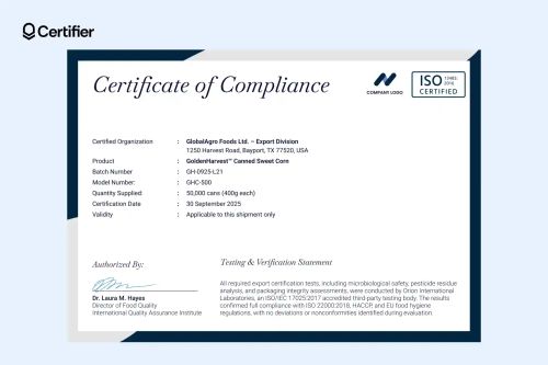 Certificate of quality and quantity template with bullet-pointed layout and navy-blue border.