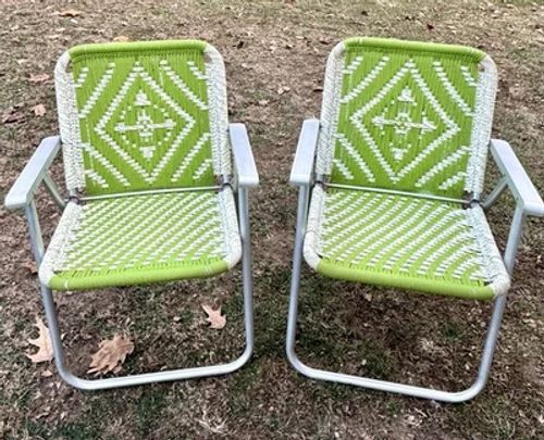 Pair Vintage Macrame Woven Seat Aluminum Folding Lawn Chairs Geometric Pattern - Image 1 of 4