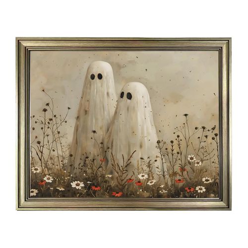 Framed Vintage Cute Ghosts in Wildflower Meadow Wall Art Spooky Halloween Fall Painting Moody Ghost Autumn Decor