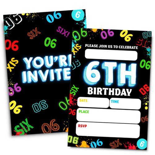 Doguiei 6th Birthday Party Invitations, Neon Six Year Old Invitations Card for Boys Girls (30 Cards & 30 Envelopes)