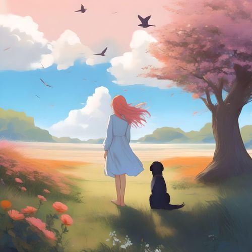 户外女孩，树、草、花，赤脚，长发，长袖，蓝色连衣裙