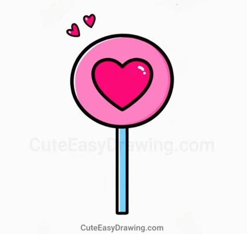"Cute Cartoon Drawing of a Panda Lollipop Candy in a Kawaii Style with floating hearts around"