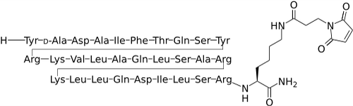 Peptide sequence of CJC-1295 showed with 3-letter nomenclature and fully specified DAC (side-chain extended lysine)