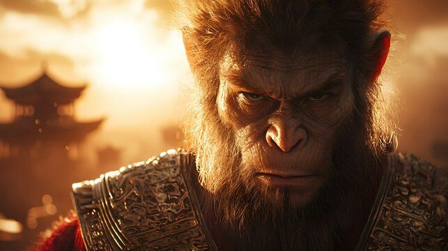 Monkey King Close Up Portrait with Pagoda in Background